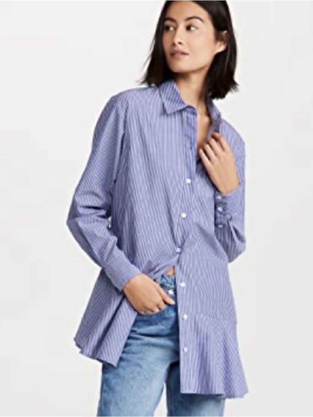 Veronica Beard Gilda Blue & White Striped Button-Up Cotton Shirt Asymmetrical
